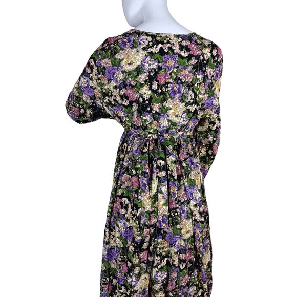 Vintage 90s Basics Floral Maxi Dress Large Long Sleeve Floral Print Purple Cream - Picture 8 of 10